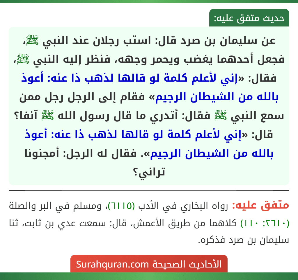 عن سليمان بن صرد قال: استب رجلان عند النبي ﷺ، فجعل أحدهما يغضب ويحمر وجهه، فنظر إليه النبي ﷺ، فقال: «إني لأعلم كلمة لو قالها لذهب ذا عنه: أعوذ بالله من الشيطان الرجيم» فقام إلى الرجل رجل ممن سمع النبي ﷺ فقال: أتدري ما قال رسول الله ﷺ آنفا؟ قال: «إني لأعلم كلمة لو قالها لذهب ذا عنه: أعوذ بالله من الشيطان الرجيم». فقال له الرجل: أمجنونا تراني؟