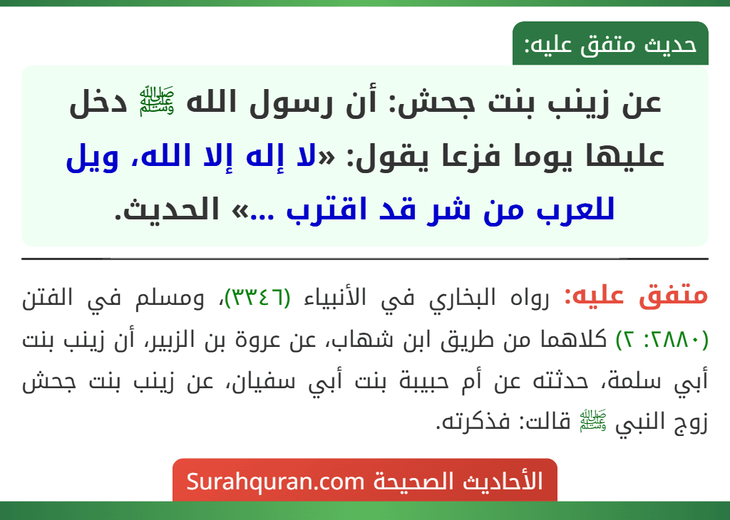 عن زينب بنت جحش: أن رسول الله ﷺ دخل عليها يوما فزعا يقول: «لا إله إلا الله، ويل للعرب من شر قد اقترب ...» الحديث.