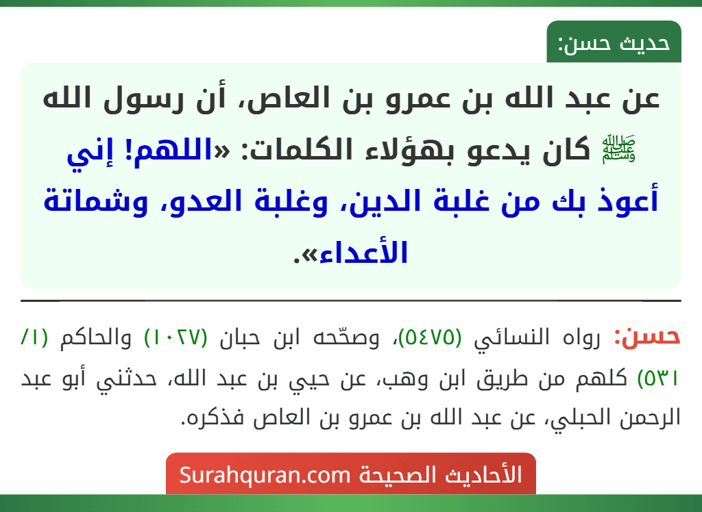 عن عبد الله بن عمرو بن العاص، أن رسول الله ﷺ كان يدعو بهؤلاء الكلمات: «اللهم! إني أعوذ بك من غلبة الدين، وغلبة العدو، وشماتة الأعداء».