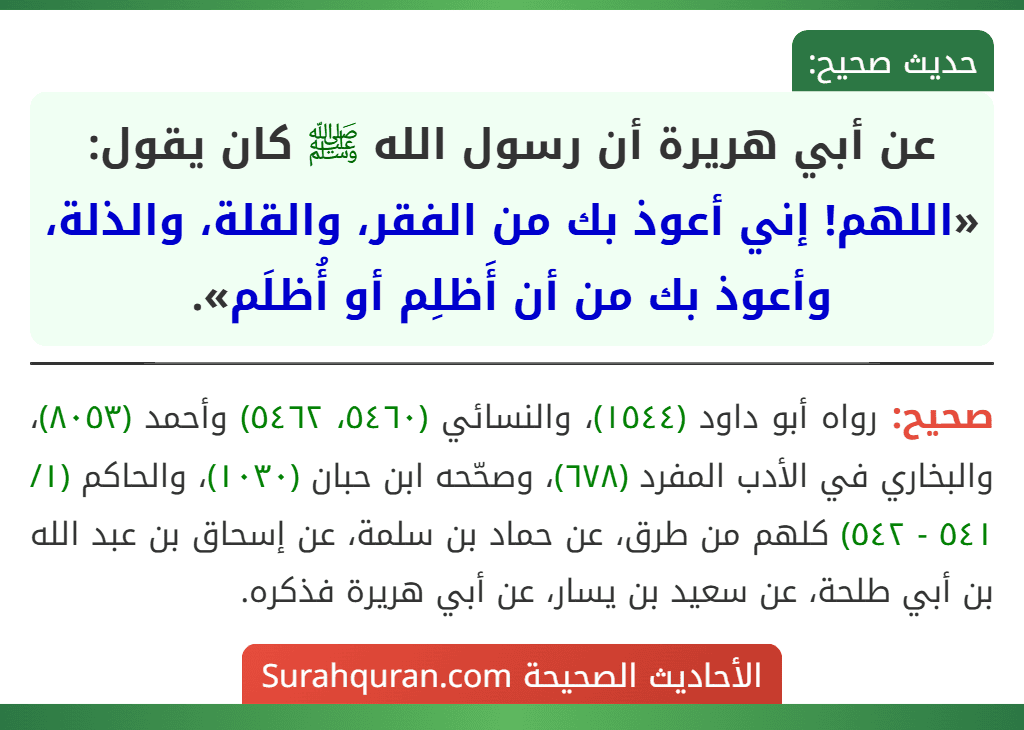 عن أبي هريرة أن رسول الله ﷺ كان يقول: «اللهم! إني أعوذ بك من الفقر، والقلة، والذلة، وأعوذ بك من أن أَظلِم أو أُظلَم».