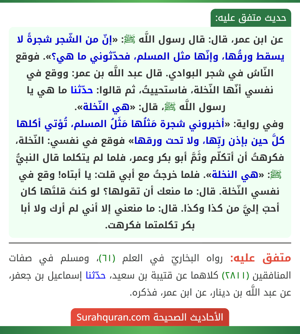 عن ابن عمر، قال: قال رسول اللَّه ﷺ: «إنّ من الشّجر شجرةً لا يسقط ورقُها، وإنّها مثل المسلم، فحدّثوني ما هي؟». فوقع النّاسُ في شجر البوادي. قال عبد اللَّه بن عمر: ووقع في نفسي أنّها النّخلة، فاستحييتُ، ثم قالوا: حدّثنا ما هي يا رسول اللَّه ﷺ، قال: «هي النّخلة».
وفي رواية: «أخبروني شجرة مَثلُها مَثَلُ المسلم، تُؤتي أكلها كلَّ حين بإذن ربِّها، ولا تحت ورقها» فوقع في نفسي: النّخلة، فكرهتُ أن أتكلّم وثَمَّ أبو بكر وعمر، فلما لم يتكلما قال النبيُّ ﷺ: «هي النخلة». فلما خرجتُ مع أبي قلت: يا أبتاه! وقع في نفسي النّخلة. قال: ما منعك أن تقولها؟ لو كنتَ قلتَها كان أحبّ إليَّ من كذا وكذا. قال: ما منعني إلا أني لم أرك ولا أبا بكر تكلمتما فكرهت.