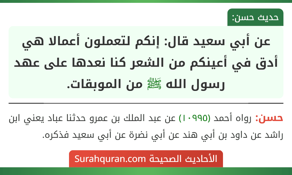 عن أبي سعيد قال: إنكم لتعملون أعمالا هي أدق في أعينكم من الشعر كنا نعدها على عهد رسول الله ﷺ من الموبقات. عن أبي سعيد قال: إنكم لتعملون أعمالا هي أدق في أعينكم من الشعر كنا نعدها على عهد رسول الله ﷺ من الموبقات.