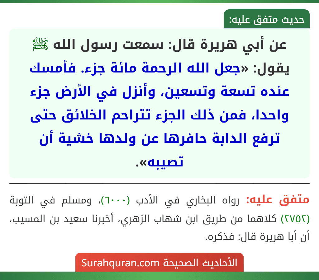عن أبي هريرة قال: سمعت رسول الله ﷺ يقول: «جعل الله الرحمة مائة جزء. فأمسك عنده تسعة وتسعين، وأنزل في الأرض جزء واحدا، فمن ذلك الجزء تتراحم الخلائق حتى ترفع الدابة حافرها عن ولدها خشية أن تصيبه».