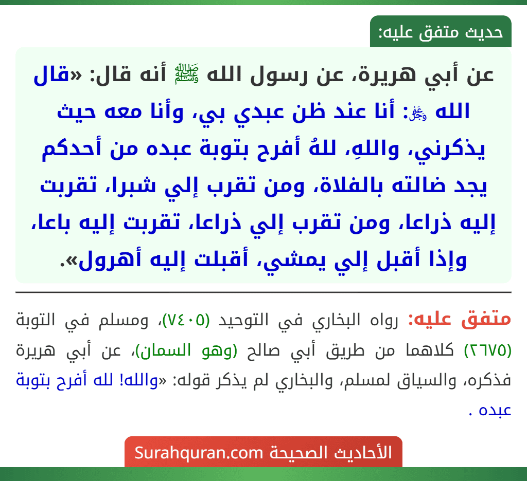 عن أبي هريرة، عن رسول الله ﷺ أنه قال: «قال الله ﷿: أنا عند ظن عبدي بي، وأنا معه حيث يذكرني، واللهِ، للهُ أفرح بتوبة عبده من أحدكم يجد ضالته بالفلاة، ومن تقرب إلي شبرا، تقربت إليه ذراعا، ومن تقرب إلي ذراعا، تقربت إليه باعا، وإذا أقبل إلي يمشي، أقبلت إليه أهرول».