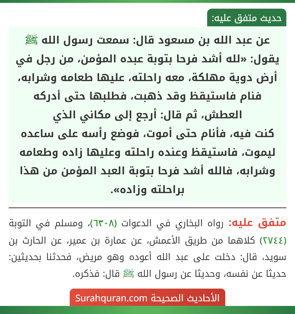 عن عبد الله بن مسعود قال: سمعت رسول الله ﷺ يقول: «لله أشد فرحا بتوبة عبده المؤمن، من رجل في أرض دوية مهلكة، معه راحلته، عليها طعامه وشرابه، فنام فاستيقظ وقد ذهبت، فطلبها حتى أدركه العطش، ثم قال: أرجع إلى مكاني الذي
كنت فيه، فأنام حتى أموت، فوضع رأسه على ساعده ليموت، فاستيقظ وعنده راحلته وعليها زاده وطعامه وشرابه، فالله أشد فرحا بتوبة العبد المؤمن من هذا براحلته وزاده».