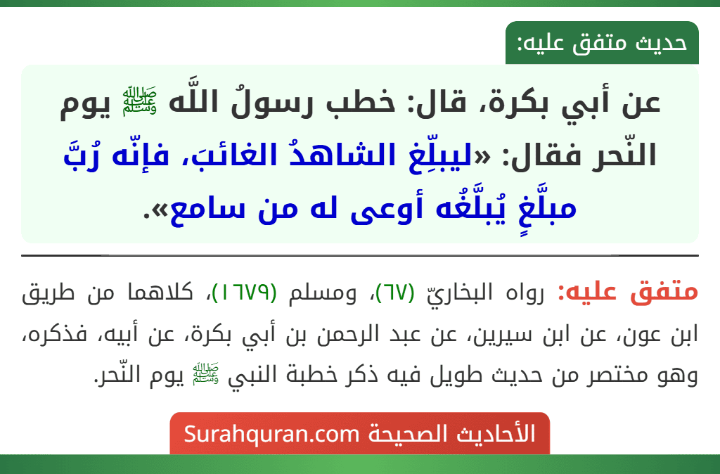 عن أبي بكرة، قال: خطب رسولُ اللَّه ﷺ يوم النّحر فقال: «ليبلِّغ الشاهدُ الغائبَ، فإنّه رُبَّ مبلَّغٍ يُبلَّغُه أوعى له من سامع».