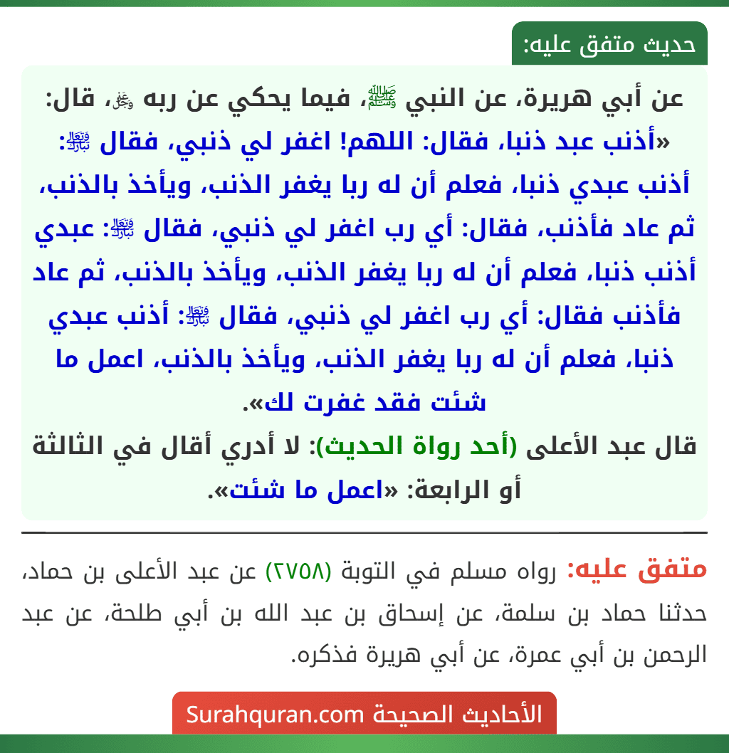 عن أبي هريرة، عن النبي ﷺ، فيما يحكي عن ربه ﷿، قال: «أذنب عبد ذنبا، فقال: اللهم! اغفر لي ذنبي، فقال ﵎: أذنب عبدي ذنبا، فعلم أن له ربا يغفر الذنب، ويأخذ بالذنب، ثم عاد فأذنب، فقال: أي رب اغفر لي ذنبي، فقال ﵎: عبدي أذنب ذنبا، فعلم أن له ربا يغفر الذنب، ويأخذ بالذنب، ثم عاد فأذنب فقال: أي رب اغفر لي ذنبي، فقال ﵎: أذنب عبدي ذنبا، فعلم أن له ربا يغفر الذنب، ويأخذ بالذنب، اعمل ما شئت فقد غفرت لك».
قال عبد الأعلى (أحد رواة الحديث): لا أدري أقال في الثالثة أو الرابعة: «اعمل ما شئت».
