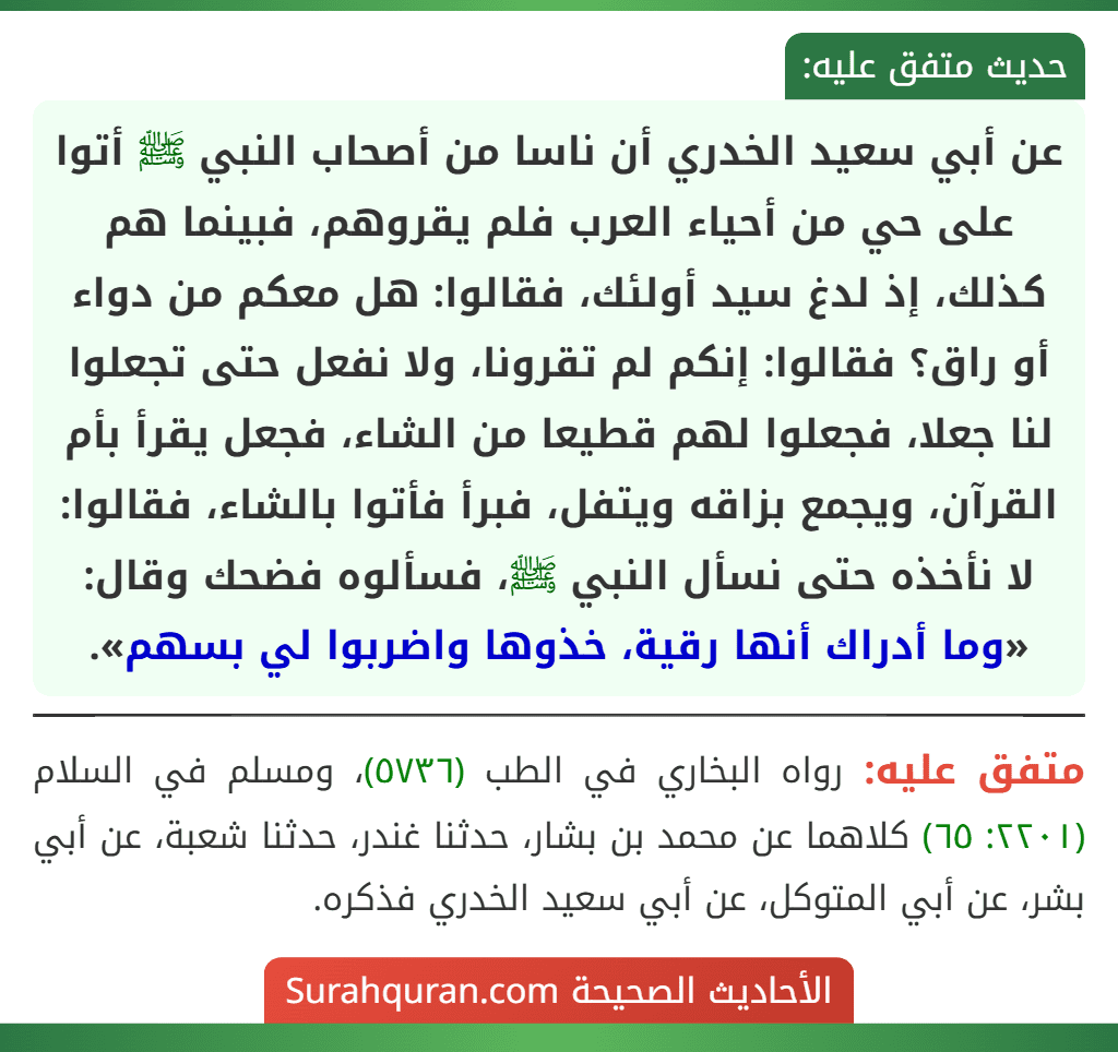 عن أبي سعيد الخدري أن ناسا من أصحاب النبي ﷺ أتوا على حي من أحياء العرب فلم يقروهم، فبينما هم كذلك، إذ لدغ سيد أولئك، فقالوا: هل معكم من دواء أو راق؟ فقالوا: إنكم لم تقرونا، ولا نفعل حتى تجعلوا لنا جعلا، فجعلوا لهم قطيعا من الشاء، فجعل يقرأ بأم القرآن، ويجمع بزاقه ويتفل، فبرأ فأتوا بالشاء، فقالوا: لا نأخذه حتى نسأل النبي ﷺ، فسألوه فضحك وقال: «وما أدراك أنها رقية، خذوها واضربوا لي بسهم».