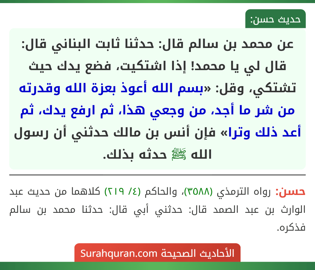 عن محمد بن سالم قال: حدثنا ثابت البناني قال: قال لي يا محمد! إذا اشتكيت، فضع يدك حيث تشتكي، وقل: «بسم الله أعوذ بعزة الله وقدرته من شر ما أجد، من وجعي هذا، ثم ارفع يدك، ثم أعد ذلك وترا» فإن أنس بن مالك حدثني أن رسول الله ﷺ حدثه بذلك. عن محمد بن سالم قال: حدثنا ثابت البناني قال: قال لي يا محمد! إذا اشتكيت، فضع يدك حيث تشتكي، وقل: «بسم الله أعوذ بعزة الله وقدرته من شر ما أجد، من وجعي هذا، ثم ارفع يدك، ثم أعد ذلك وترا» فإن أنس بن مالك حدثني أن رسول الله ﷺ حدثه بذلك.