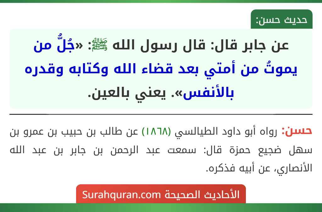 عن جابر قال: قال رسول الله ﷺ: «جُلُّ من يموتُ من أمتي بعد قضاء الله وكتابه وقدره بالأنفس». يعني بالعين. عن جابر قال: قال رسول الله ﷺ: «جُلُّ من يموتُ من أمتي بعد قضاء الله وكتابه وقدره بالأنفس». يعني بالعين.