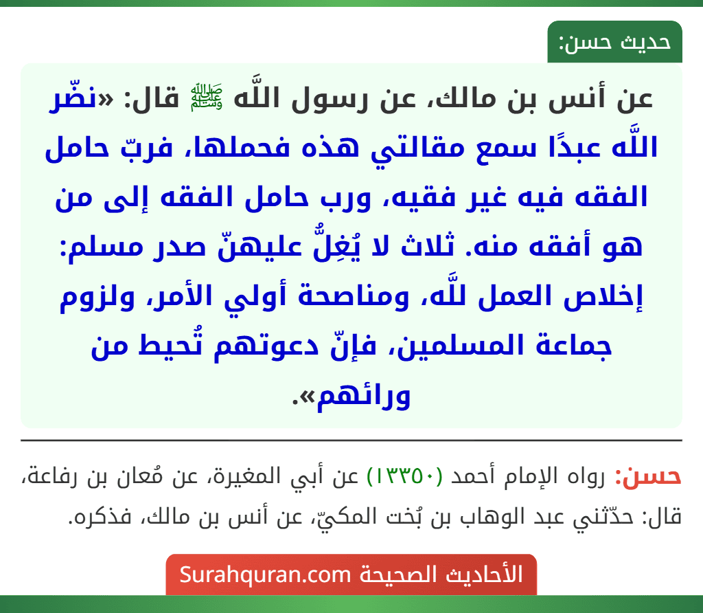عن أنس بن مالك، عن رسول اللَّه ﷺ قال: «نضّر اللَّه عبدًا سمع مقالتي هذه فحملها، فربّ حامل الفقه فيه غير فقيه، ورب حامل الفقه إلى من هو أفقه منه. ثلاث لا يُغِلُّ عليهنّ صدر مسلم: إخلاص العمل للَّه، ومناصحة أولي الأمر، ولزوم جماعة المسلمين، فإنّ دعوتهم تُحيط من ورائهم». عن أنس بن مالك، عن رسول اللَّه ﷺ قال: «نضّر اللَّه عبدًا سمع مقالتي هذه فحملها، فربّ حامل الفقه فيه غير فقيه، ورب حامل الفقه إلى من هو أفقه منه. ثلاث لا يُغِلُّ عليهنّ صدر مسلم: إخلاص العمل للَّه، ومناصحة أولي الأمر، ولزوم جماعة المسلمين، فإنّ دعوتهم تُحيط من ورائهم».