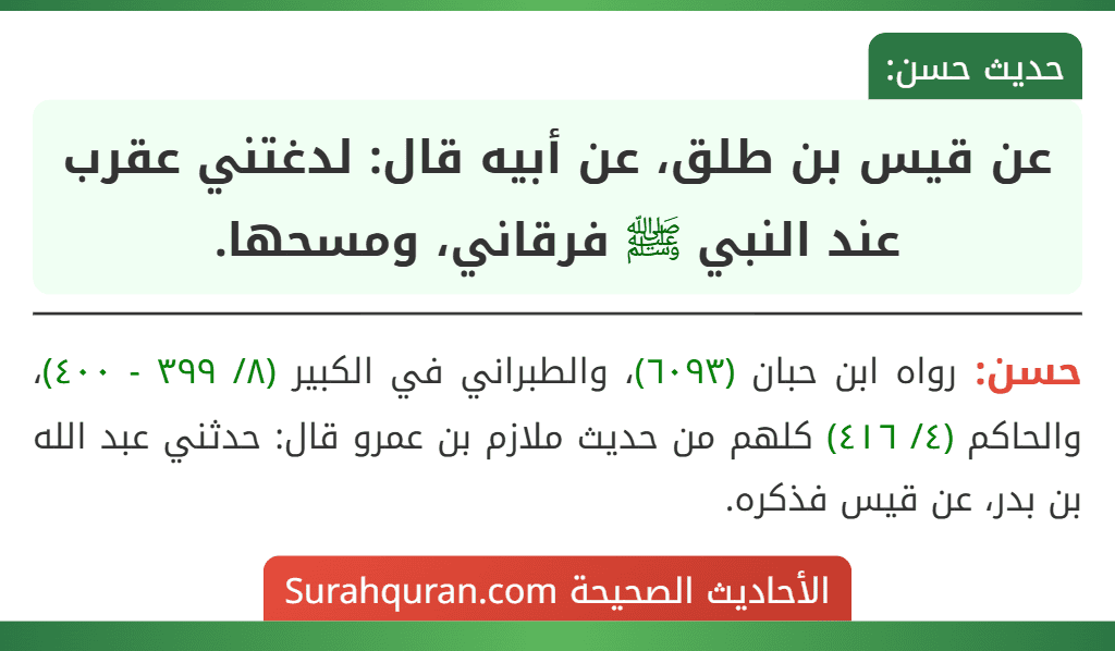 عن قيس بن طلق، عن أبيه قال: لدغتني عقرب عند النبي ﷺ فرقاني، ومسحها.