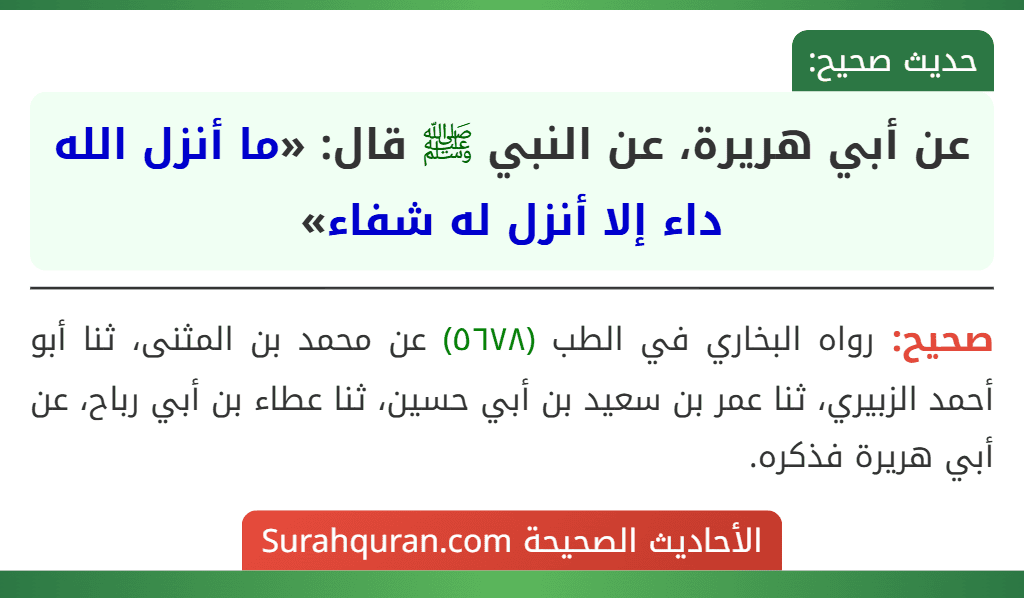عن أبي هريرة، عن النبي ﷺ قال: «ما أنزل الله داء إلا أنزل له شفاء»