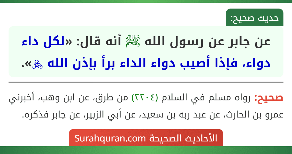 عن جابر عن رسول الله ﷺ أنه قال: «لكل داء دواء، فإذا أصيب دواء الداء برأ بإذن الله ﷿». عن جابر عن رسول الله ﷺ أنه قال: «لكل داء دواء، فإذا أصيب دواء الداء برأ بإذن الله ﷿».