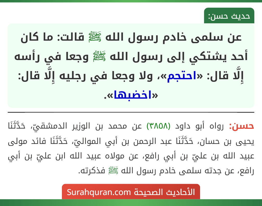 عن سلمى خادم رسول الله ﷺ قالت: ما كان أحد يشتكي إلى رسول الله ﷺ وجعا في رأسه إِلَّا قال: «احتجم»، ولا وجعا في رجليه إِلَّا قال: «اخضبها».