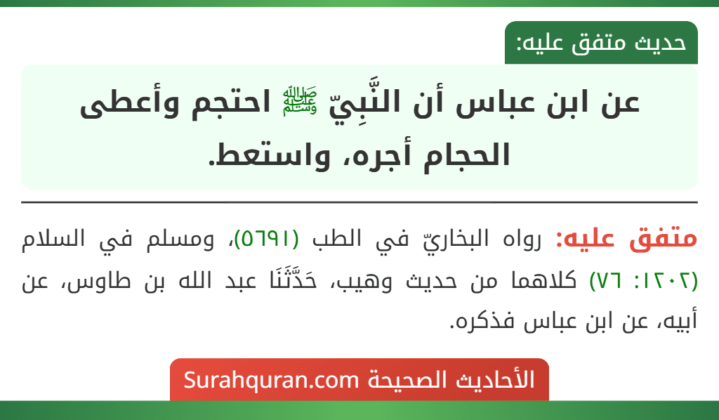 عن ابن عباس أن النَّبِيّ ﷺ احتجم وأعطى الحجام أجره، واستعط.