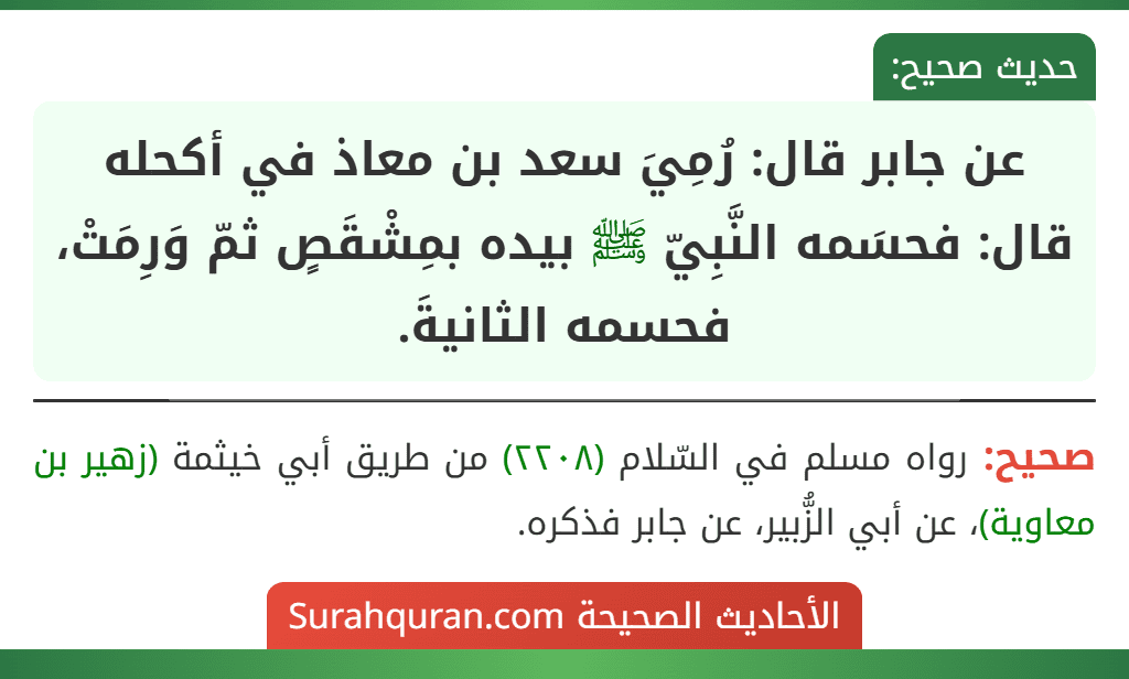 عن جابر قال: رُمِيَ سعد بن معاذ في أكحله قال: فحسَمه النَّبِيّ ﷺ بيده بمِشْقَصٍ ثمّ وَرِمَتْ، فحسمه الثانيةَ. عن جابر قال: رُمِيَ سعد بن معاذ في أكحله قال: فحسَمه النَّبِيّ ﷺ بيده بمِشْقَصٍ ثمّ وَرِمَتْ، فحسمه الثانيةَ.
