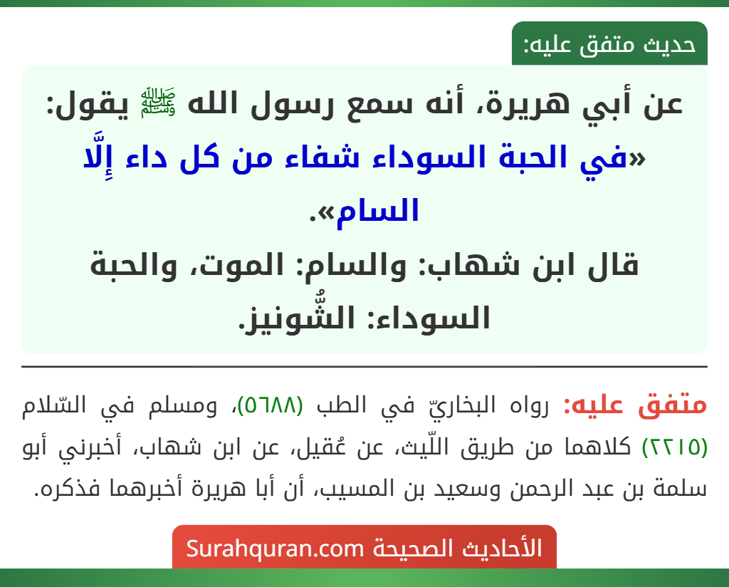 عن أبي هريرة، أنه سمع رسول الله ﷺ يقول: «في الحبة السوداء شفاء من كل داء إِلَّا السام».
قال ابن شهاب: والسام: الموت، والحبة السوداء: الشُّونيز. عن أبي هريرة، أنه سمع رسول الله ﷺ يقول: «في الحبة السوداء شفاء من كل داء إِلَّا السام».
قال ابن شهاب: والسام: الموت، والحبة السوداء: الشُّونيز.
