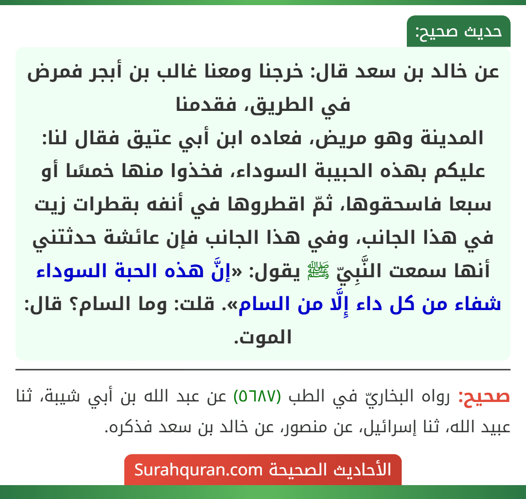 عن خالد بن سعد قال: خرجنا ومعنا غالب بن أبجر فمرض في الطريق، فقدمنا
المدينة وهو مريض، فعاده ابن أبي عتيق فقال لنا: عليكم بهذه الحبيبة السوداء، فخذوا منها خمسًا أو سبعا فاسحقوها، ثمّ اقطروها في أنفه بقطرات زيت في هذا الجانب، وفي هذا الجانب فإن عائشة حدثتني أنها سمعت النَّبِيّ ﷺ يقول: «إنَّ هذه الحبة السوداء شفاء من كل داء إِلَّا من السام». قلت: وما السام؟ قال: الموت.