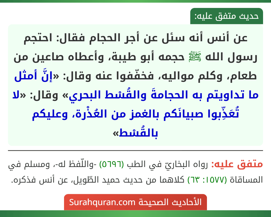 عن أنس أنه سئل عن أجر الحجام فقال: احتجم رسول الله ﷺ حجمه أبو طيبة، وأعطاه صاعين من طعام، وكلم مواليه، فخفّفوا عنه وقال: «إنَّ أمثل ما تداويتم به الحجامةَ والقُسْط البحري» وقال: «لا تُعَذِّبوا صبيانَكم بالغمز من العُذْرة، وعليكم بالقُسْط»