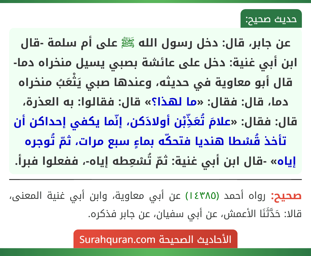 عن جابر، قال: دخل رسول الله ﷺ على أم سلمة -قال ابن أبي غنية: دخل على عائشة بصبي يسيل منخراه دما- قال أبو معاوية في حديثه، وعندها صبي يَثْعَبُ منخراه دما، قال: فقال: «ما لهذا؟» قال: فقالوا: به العذرة، قال: فقال: «علامَ تُعَذِّبْن أولادَكن، إنّما يكفي إحداكن أن تأخذ قُسْطا هنديا فتحكّه بماءٍ سبع مرات، ثمّ تُوجره إياه» -قال ابن أبي غنية: ثمّ تُسْعِطه إياه-، ففعلوا فبرأ. عن جابر، قال: دخل رسول الله ﷺ على أم سلمة -قال ابن أبي غنية: دخل على عائشة بصبي يسيل منخراه دما- قال أبو معاوية في حديثه، وعندها صبي يَثْعَبُ منخراه دما، قال: فقال: «ما لهذا؟» قال: فقالوا: به العذرة، قال: فقال: «علامَ تُعَذِّبْن أولادَكن، إنّما يكفي إحداكن أن تأخذ قُسْطا هنديا فتحكّه بماءٍ سبع مرات، ثمّ تُوجره إياه» -قال ابن أبي غنية: ثمّ تُسْعِطه إياه-، ففعلوا فبرأ.