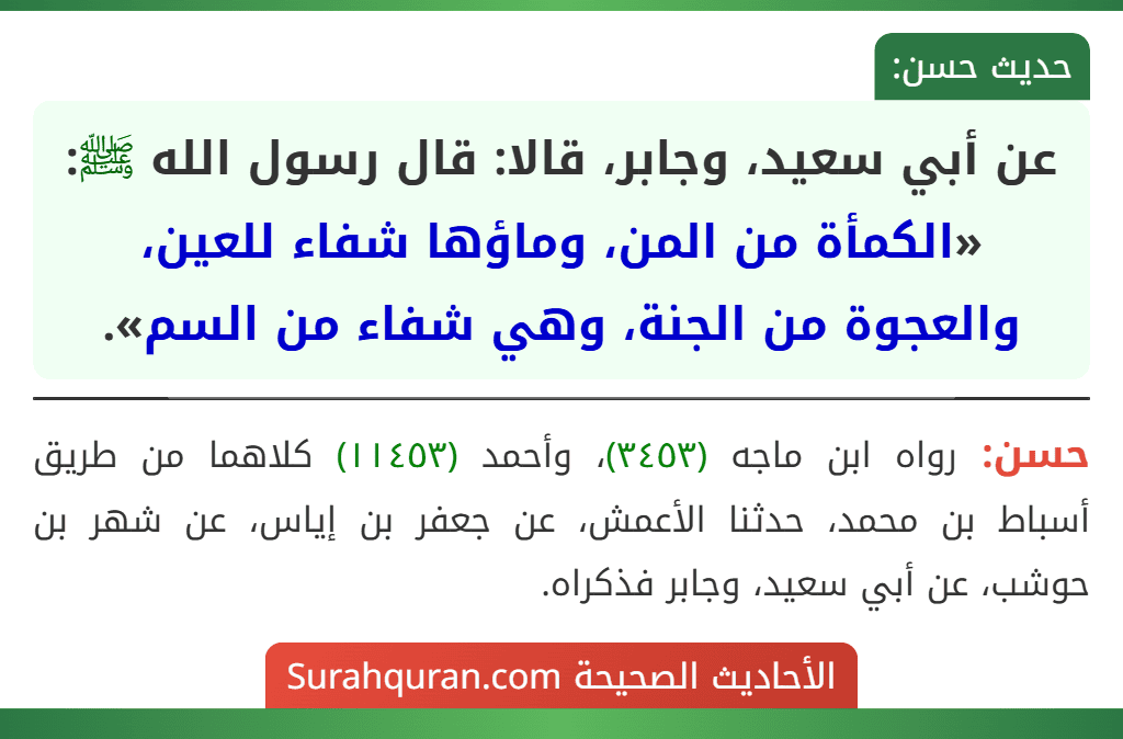 عن أبي سعيد، وجابر، قالا: قال رسول الله ﷺ: «الكمأة من المن، وماؤها شفاء للعين، والعجوة من الجنة، وهي شفاء من السم».