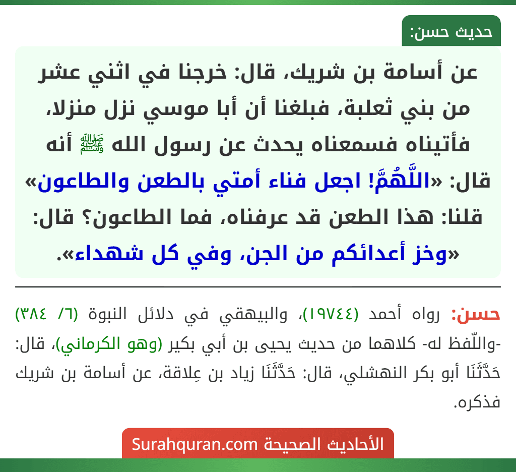 عن أسامة بن شريك، قال: خرجنا في اثني عشر من بني ثعلبة، فبلغنا أن أبا موسي نزل منزلا، فأتيناه فسمعناه يحدث عن رسول الله ﷺ أنه قال: «اللَّهُمَّ! اجعل فناء أمتي بالطعن والطاعون» قلنا: هذا الطعن قد عرفناه، فما الطاعون؟ قال: «وخز أعدائكم من الجن، وفي كل شهداء». عن أسامة بن شريك، قال: خرجنا في اثني عشر من بني ثعلبة، فبلغنا أن أبا موسي نزل منزلا، فأتيناه فسمعناه يحدث عن رسول الله ﷺ أنه قال: «اللَّهُمَّ! اجعل فناء أمتي بالطعن والطاعون» قلنا: هذا الطعن قد عرفناه، فما الطاعون؟ قال: «وخز أعدائكم من الجن، وفي كل شهداء».