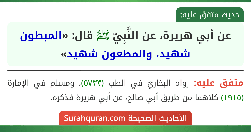 عن أبي هريرة، عن النَّبِيّ ﷺ قال: «المبطون شهيد، والمطعون شهيد»