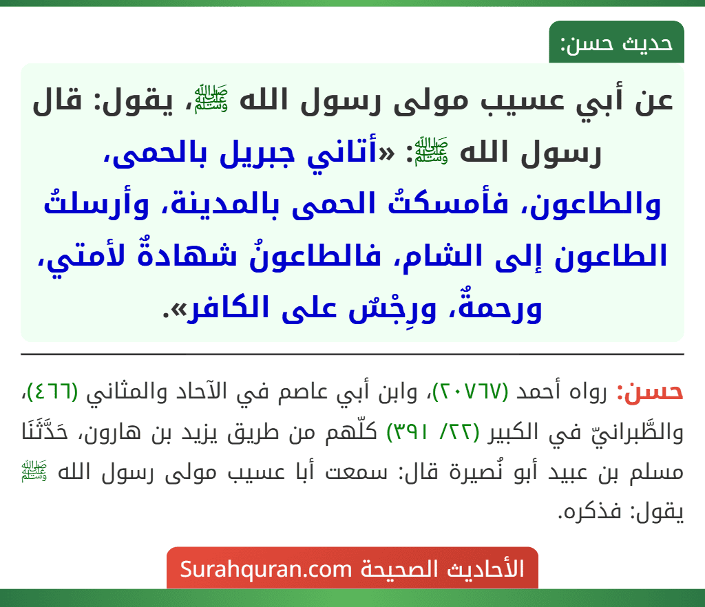 عن أبي عسيب مولى رسول الله ﷺ، يقول: قال رسول الله ﷺ: «أتاني جبريل بالحمى، والطاعون، فأمسكتُ الحمى بالمدينة، وأرسلتُ الطاعون إلى الشام، فالطاعونُ شهادةٌ لأمتي، ورحمةٌ، ورِجْسٌ على الكافر».