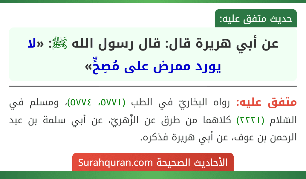 عن أبي هريرة قال: قال رسول الله ﷺ: «لا يورد ممرض على مُصِحٍّ»