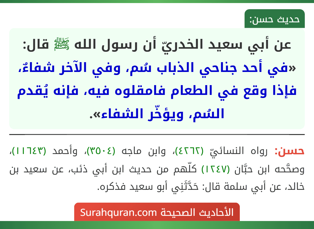عن أبي سعيد الخدريّ أن رسول الله ﷺ قال: «في أحد جناحي الذباب سُم، وفي الآخر شفاءٌ، فإذا وقع في الطعام فامقلوه فيه، فإنه يُقدم السُم، ويؤخّر الشفاء».