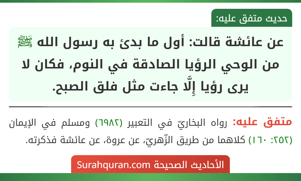 عن عائشة قالت: أول ما بدئ به رسول الله ﷺ من الوحي الرؤيا الصادقة في النوم، فكان لا يرى رؤيا إِلَّا جاءت مثل فلق الصبح.