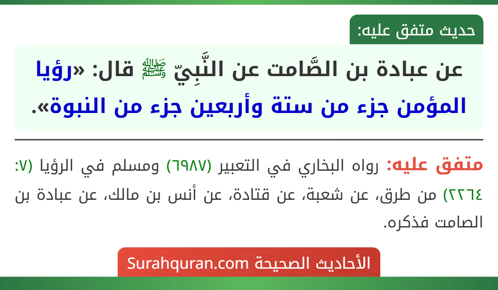 عن عبادة بن الصَّامت عن النَّبِيّ ﷺ قال: «رؤيا المؤمن جزء من ستة وأربعين جزء من النبوة». عن عبادة بن الصَّامت عن النَّبِيّ ﷺ قال: «رؤيا المؤمن جزء من ستة وأربعين جزء من النبوة».