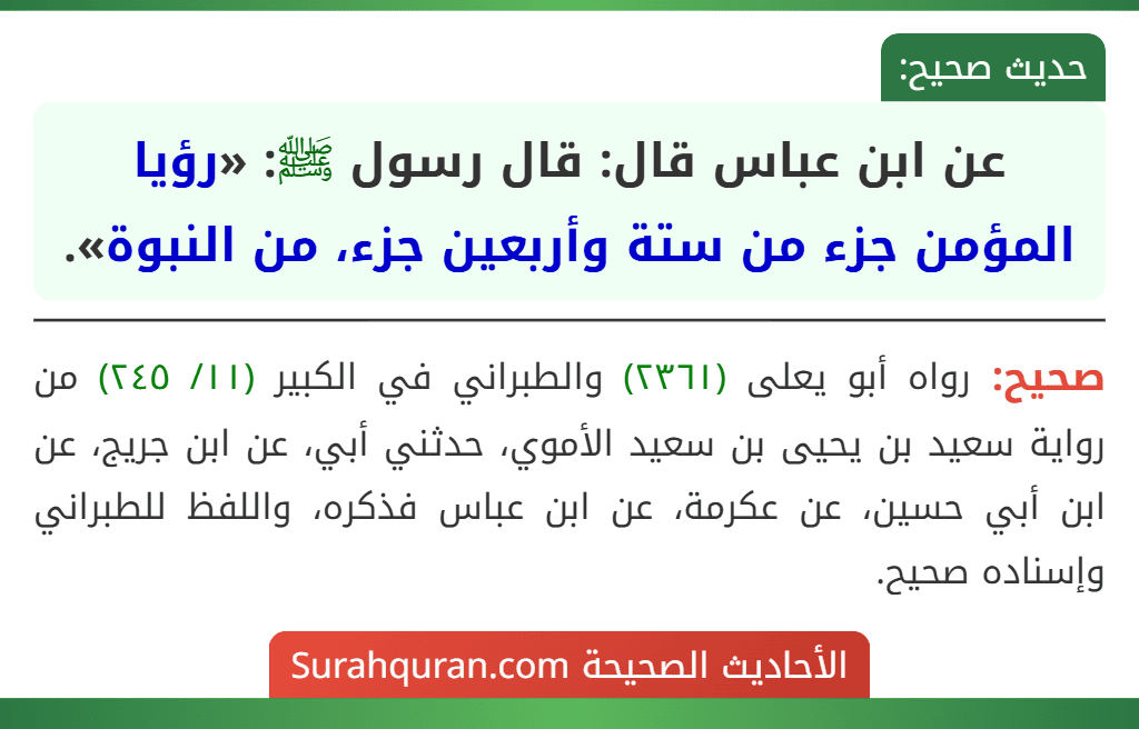 عن ابن عباس قال: قال رسول ﷺ: «رؤيا المؤمن جزء من ستة وأربعين جزء، من النبوة». عن ابن عباس قال: قال رسول ﷺ: «رؤيا المؤمن جزء من ستة وأربعين جزء، من النبوة».