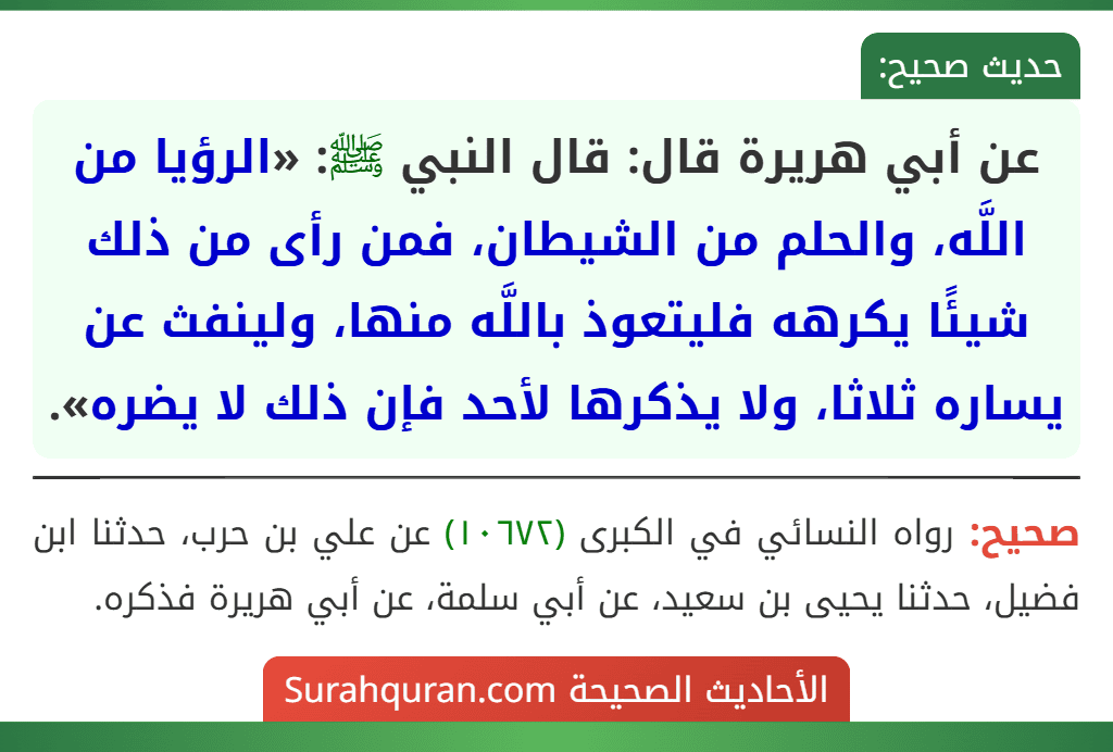 عن أبي هريرة قال: قال النبي ﷺ: «الرؤيا من اللَّه، والحلم من الشيطان، فمن رأى من ذلك شيئًا يكرهه فليتعوذ باللَّه منها، ولينفث عن يساره ثلاثا، ولا يذكرها لأحد فإن ذلك لا يضره».