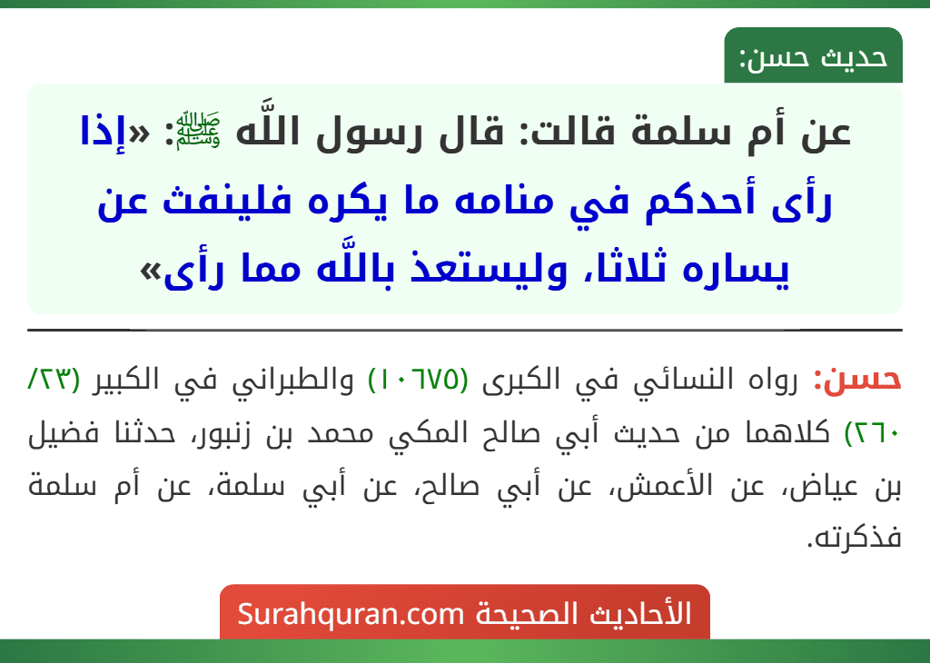 عن أم سلمة قالت: قال رسول اللَّه ﷺ: «إذا رأى أحدكم في منامه ما يكره فلينفث عن يساره ثلاثا، وليستعذ باللَّه مما رأى»