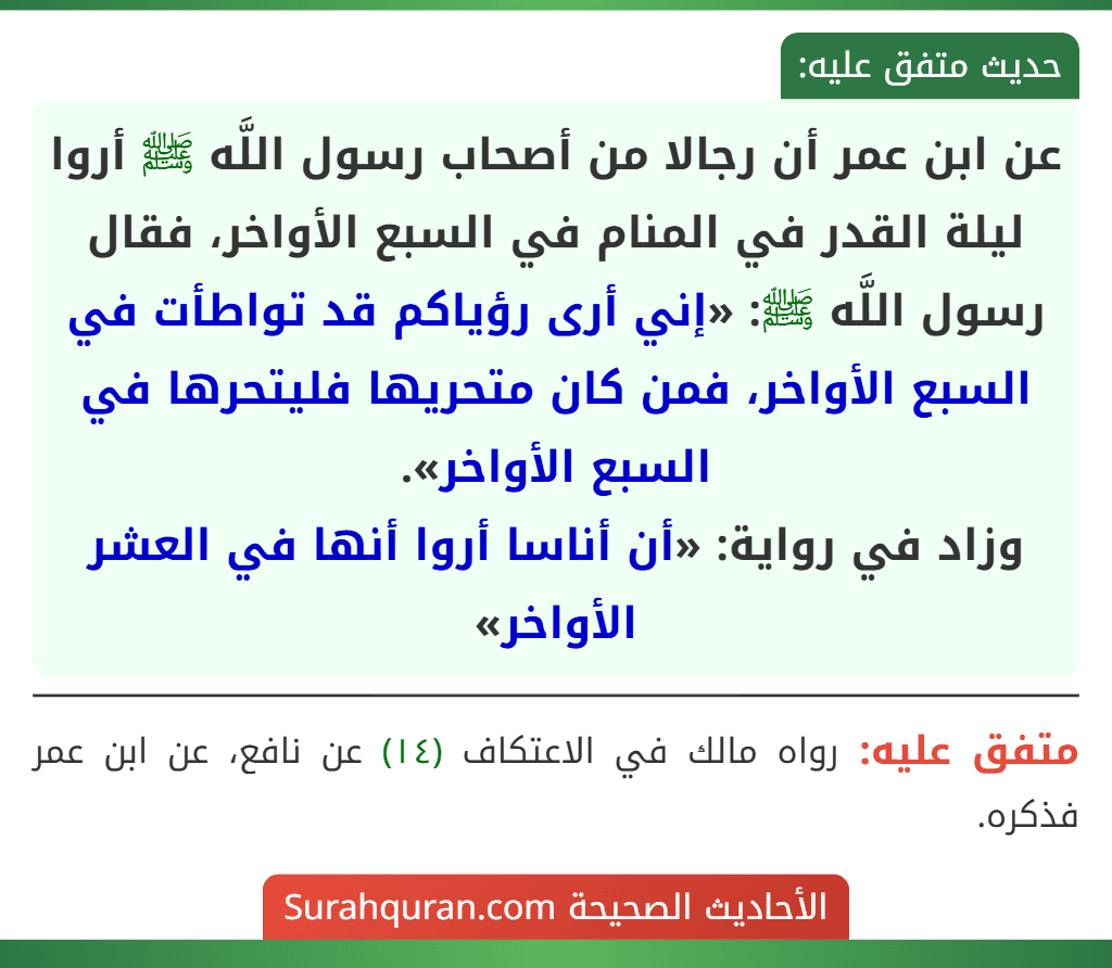 عن ابن عمر أن رجالا من أصحاب رسول اللَّه ﷺ أروا ليلة القدر في المنام في السبع الأواخر، فقال رسول اللَّه ﷺ: «إني أرى رؤياكم قد تواطأت في السبع الأواخر، فمن كان متحريها فليتحرها في السبع الأواخر».
وزاد في رواية: «أن أناسا أروا أنها في العشر الأواخر»