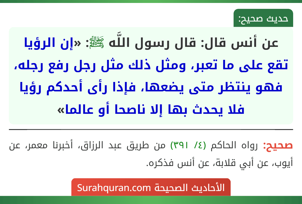 عن أنس قال: قال رسول اللَّه ﷺ: «إن الرؤيا تقع على ما تعبر، ومثل ذلك مثل رجل رفع رجله، فهو ينتظر متى يضعها، فإذا رأى أحدكم رؤيا فلا يحدث بها إلا ناصحا أو عالما» عن أنس قال: قال رسول اللَّه ﷺ: «إن الرؤيا تقع على ما تعبر، ومثل ذلك مثل رجل رفع رجله، فهو ينتظر متى يضعها، فإذا رأى أحدكم رؤيا فلا يحدث بها إلا ناصحا أو عالما»