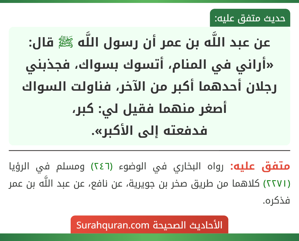 عن عبد اللَّه بن عمر أن رسول اللَّه ﷺ قال: «أراني في المنام، أتسوك بسواك، فجذبني رجلان أحدهما أكبر من الآخر، فناولت السواك أصغر منهما فقيل لي: كبر،
فدفعته إلى الأكبر».