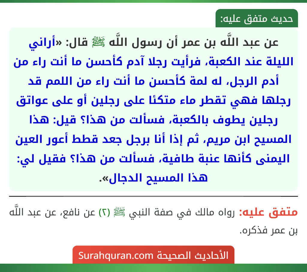 عن عبد اللَّه بن عمر أن رسول اللَّه ﷺ قال: «أراني الليلة عند الكعبة، فرأيت رجلا آدم كأحسن ما أنت راء من أدم الرجل، له لمة كأحسن ما أنت راء من اللمم قد رجلها فهي تقطر ماء متكئا على رجلين أو على عواتق رجلين يطوف بالكعبة، فسألت من هذا؟ قيل: هذا المسيح ابن مريم، ثم إذا أنا برجل جعد قطط أعور العين اليمنى كأنها عنبة طافية، فسألت من هذا؟ فقيل لي: هذا المسيح الدجال».