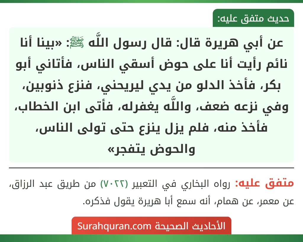 عن أبي هريرة قال: قال رسول اللَّه ﷺ: «بينا أنا نائم رأيت أنا على حوض أسقي الناس، فأتاني أبو بكر، فأخذ الدلو من يدي ليريحني، فنزع ذنوبين، وفي نزعه ضعف، واللَّه يغفرله، فأتى ابن الخطاب، فأخذ منه، فلم يزل ينزع حتى تولى الناس،
والحوض يتفجر»