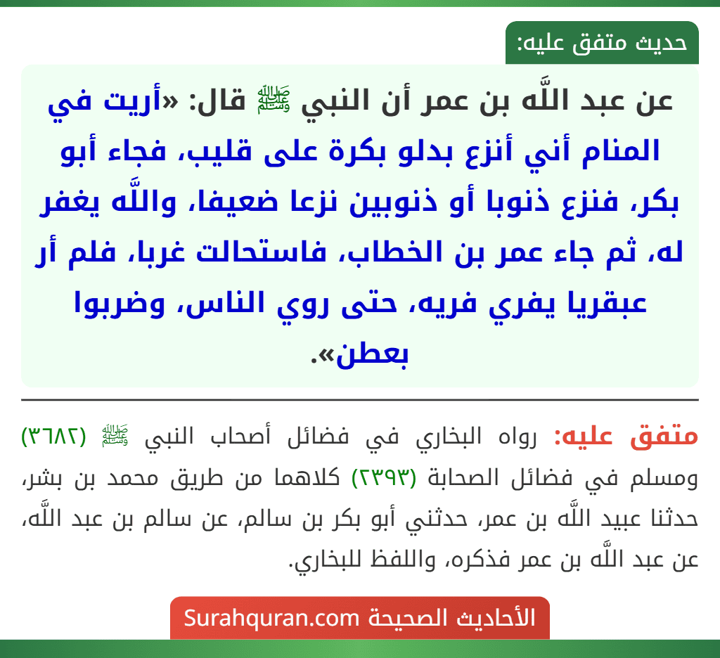 عن عبد اللَّه بن عمر أن النبي ﷺ قال: «أريت في المنام أني أنزع بدلو بكرة على قليب، فجاء أبو بكر، فنزع ذنوبا أو ذنوبين نزعا ضعيفا، واللَّه يغفر له، ثم جاء عمر بن الخطاب، فاستحالت غربا، فلم أر عبقريا يفري فريه، حتى روي الناس، وضربوا بعطن».
