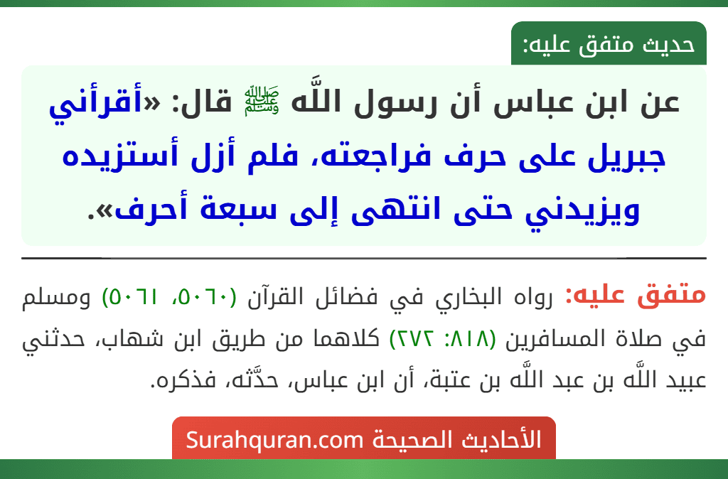 عن ابن عباس أن رسول اللَّه ﷺ قال: «أقرأني جبريل على حرف فراجعته، فلم أزل أستزيده ويزيدني حتى انتهى إلى سبعة أحرف».