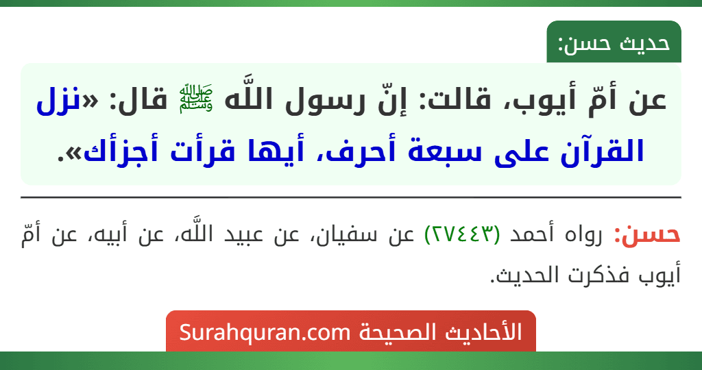 عن أمّ أيوب، قالت: إنّ رسول اللَّه ﷺ قال: «نزل القرآن على سبعة أحرف، أيها قرأت أجزأك». عن أمّ أيوب، قالت: إنّ رسول اللَّه ﷺ قال: «نزل القرآن على سبعة أحرف، أيها قرأت أجزأك».