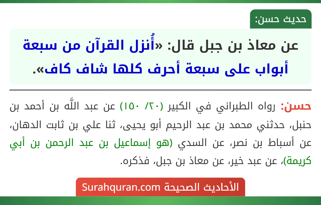 عن معاذ بن جبل قال: «أُنزل القرآن من سبعة أبواب على سبعة أحرف كلها شاف كاف». عن معاذ بن جبل قال: «أُنزل القرآن من سبعة أبواب على سبعة أحرف كلها شاف كاف».