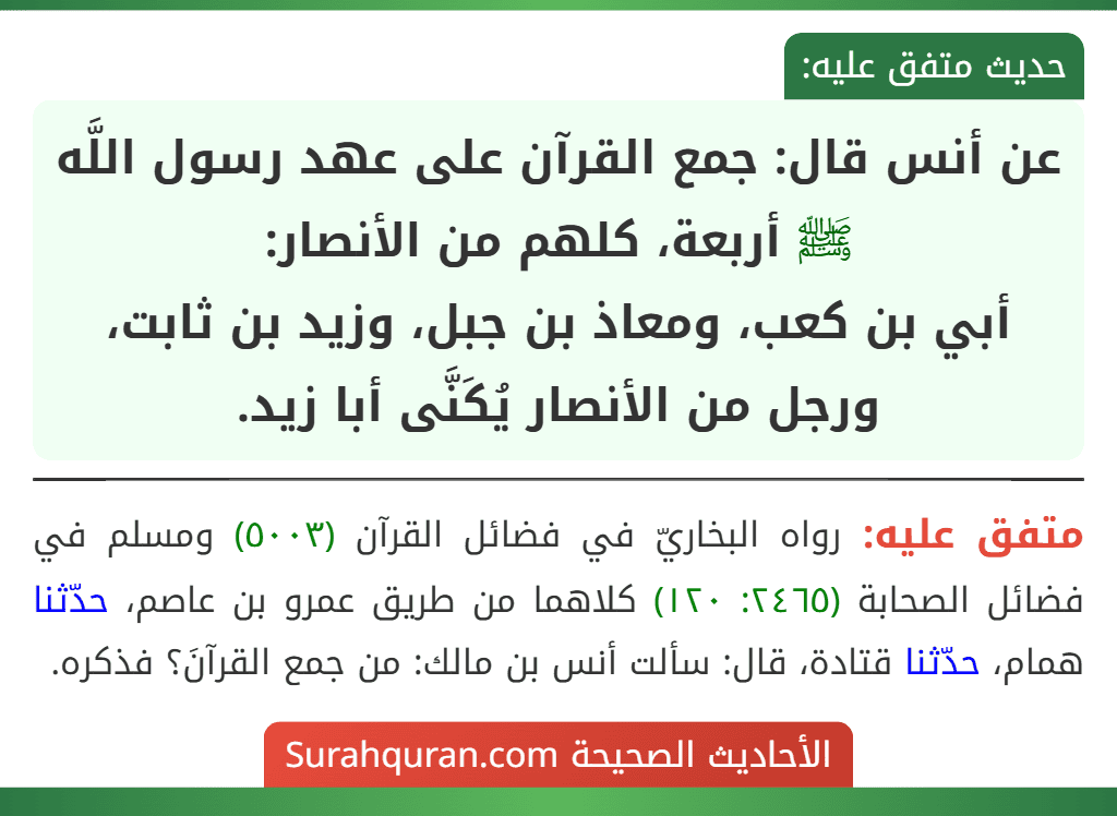 عن أنس قال: جمع القرآن على عهد رسول اللَّه ﷺ أربعة، كلهم من الأنصار:
أبي بن كعب، ومعاذ بن جبل، وزيد بن ثابت، ورجل من الأنصار يُكَنَّى أبا زيد. عن أنس قال: جمع القرآن على عهد رسول اللَّه ﷺ أربعة، كلهم من الأنصار:
أبي بن كعب، ومعاذ بن جبل، وزيد بن ثابت، ورجل من الأنصار يُكَنَّى أبا زيد.