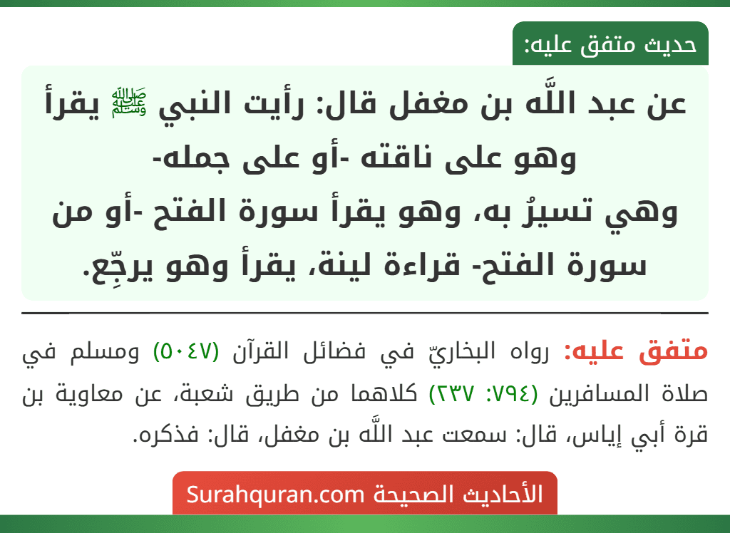 عن عبد اللَّه بن مغفل قال: رأيت النبي ﷺ يقرأ وهو على ناقته -أو على جمله-
وهي تسيرُ به، وهو يقرأ سورة الفتح -أو من سورة الفتح- قراءة لينة، يقرأ وهو يرجِّع.