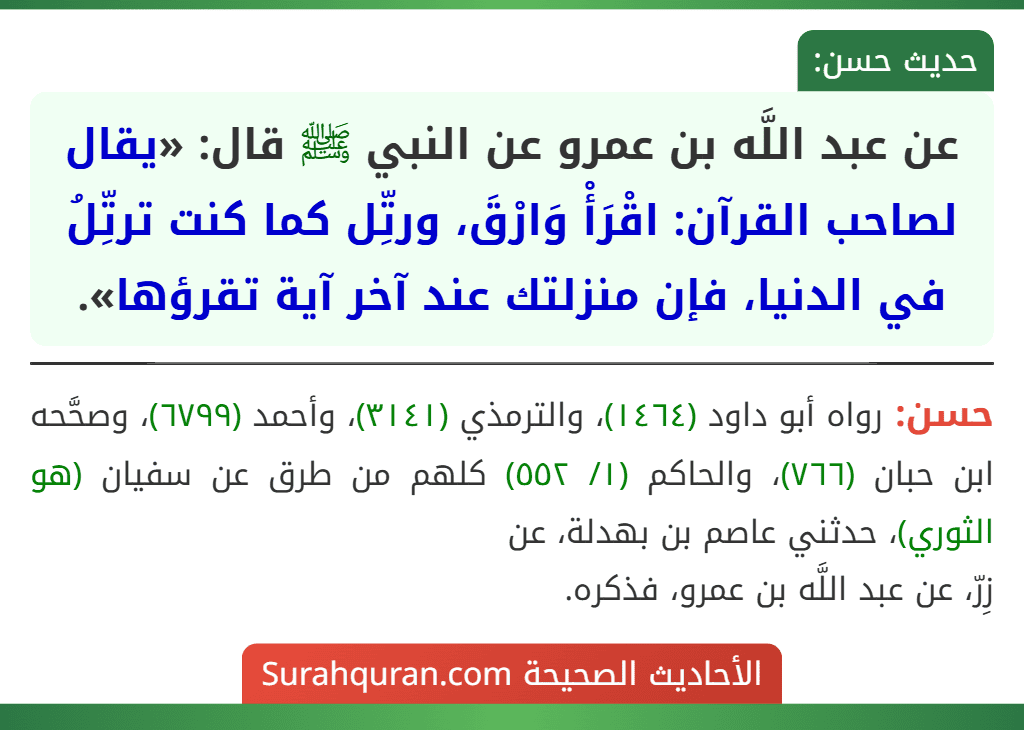 عن عبد اللَّه بن عمرو عن النبي ﷺ قال: «يقال لصاحب القرآن: اقْرَأْ وَارْقَ، ورتِّل كما كنت ترتِّلُ في الدنيا، فإن منزلتك عند آخر آية تقرؤها». عن عبد اللَّه بن عمرو عن النبي ﷺ قال: «يقال لصاحب القرآن: اقْرَأْ وَارْقَ، ورتِّل كما كنت ترتِّلُ في الدنيا، فإن منزلتك عند آخر آية تقرؤها».