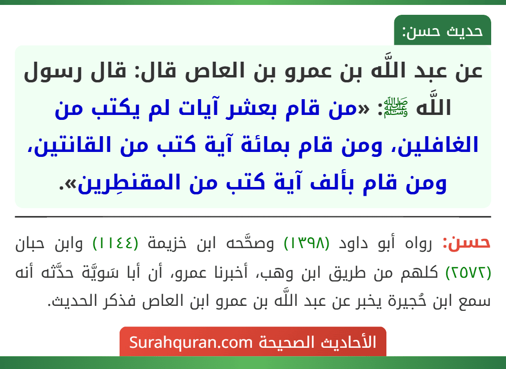 عن عبد اللَّه بن عمرو بن العاص قال: قال رسول اللَّه ﷺ: «من قام بعشر آيات لم يكتب من الغافلين، ومن قام بمائة آية كتب من القانتين، ومن قام بألف آية كتب من المقنطِرين».