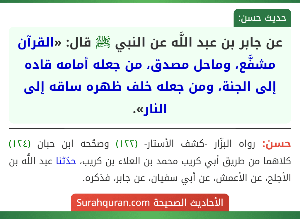 عن جابر بن عبد اللَّه عن النبي ﷺ قال: «القرآن مشفَّع، وماحل مصدق، من جعله أمامه قاده إلى الجنة، ومن جعله خلف ظهره ساقه إلى النار».